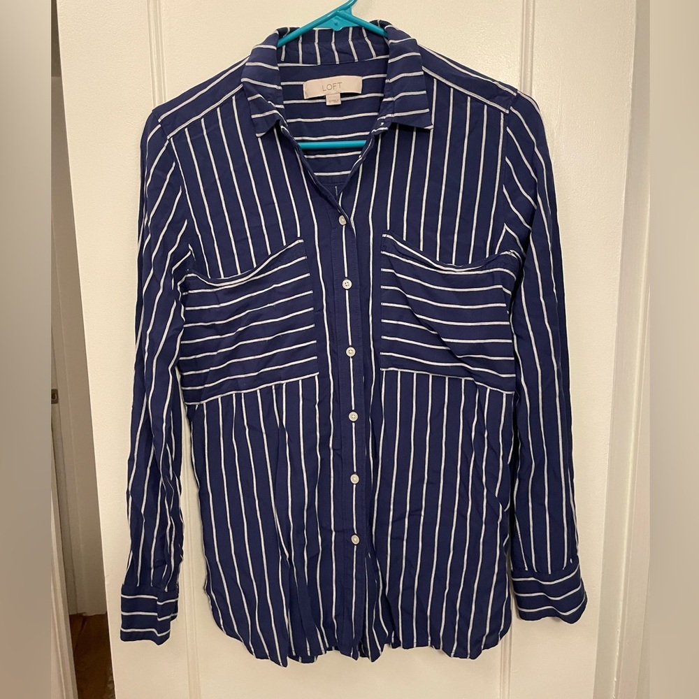 Ann Taylor Loft Navy Striped Boyfriend Shirt - Size S